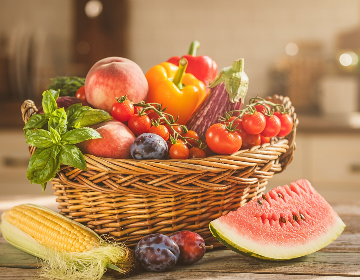 Un panier rustique rempli de fruits et de légumes du mois de juillet