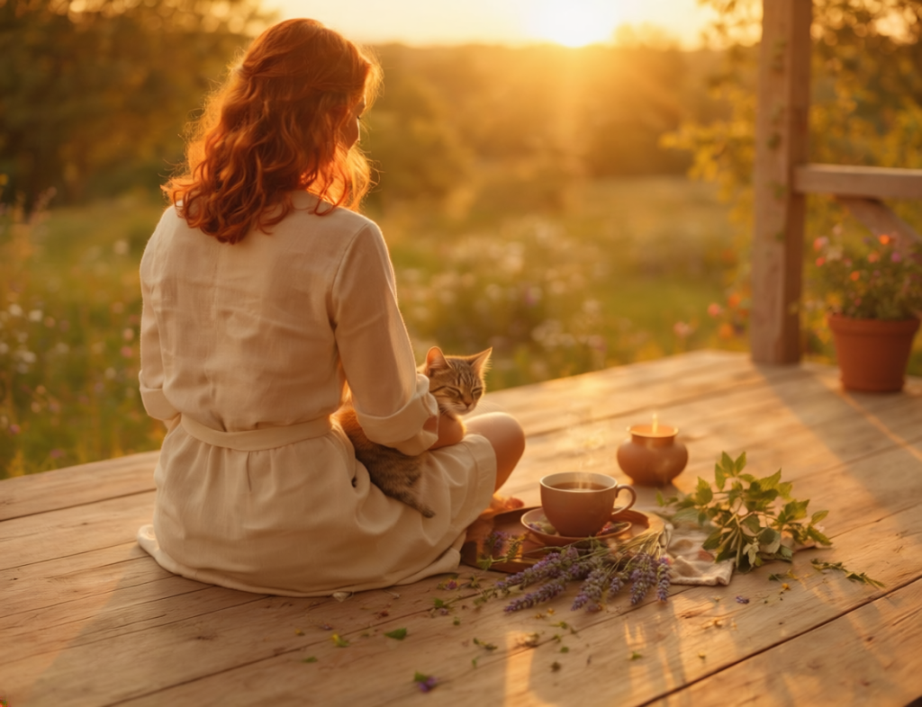 Femme assise au coucher du soleil avec un chat sur les genoux et des herbes sèches autour d'elle