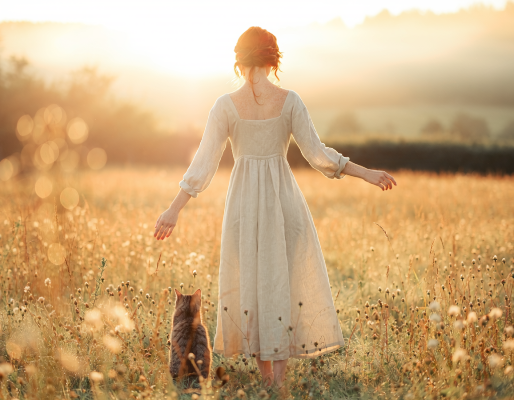 Photo d'une femme à la lumière du solstice accompagnée d'un chat