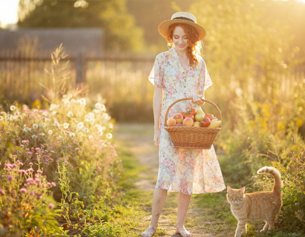 Une jeune femme avec une robe légère et un chapeau de paille dans un jardin, portant un panier rempli de fruits de juillet. Elle est accompagnée d'un chat roux.
