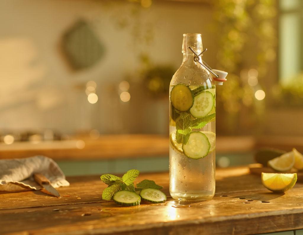 Une bouteille d'eau contenant des morceaux de concombre, des feuilles de menthe t du citron posée sur une table dans une cuisine ensoleillée.