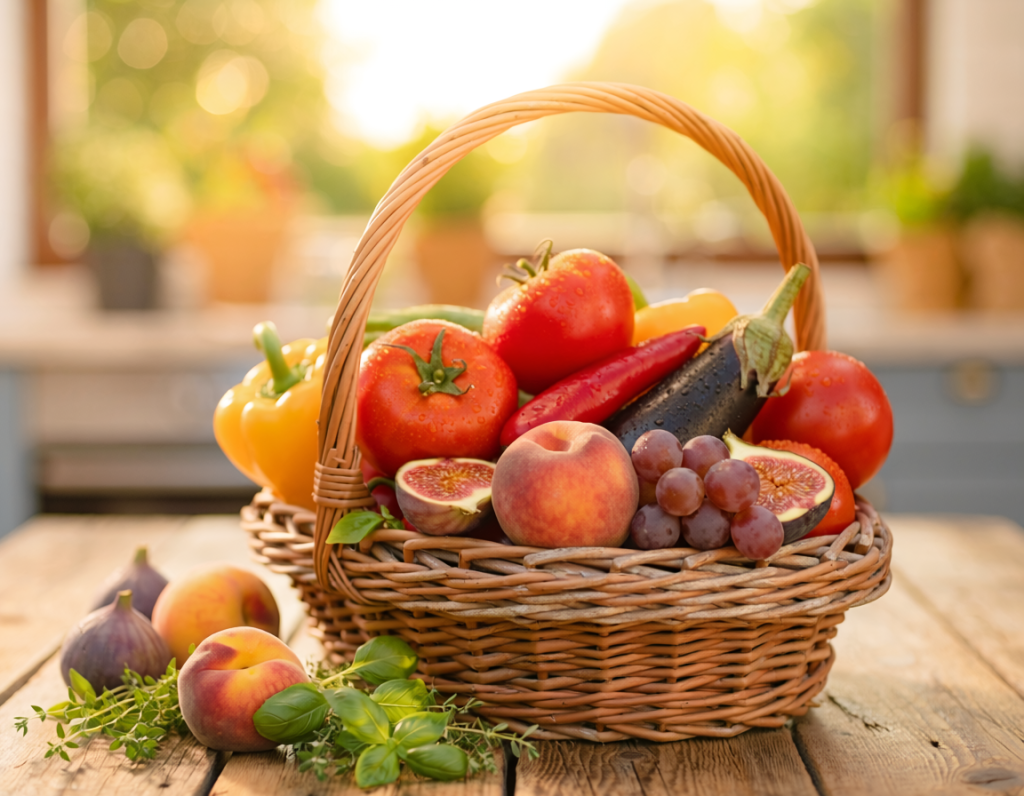 Panier en osier debordant de fruits et legumes d'aout