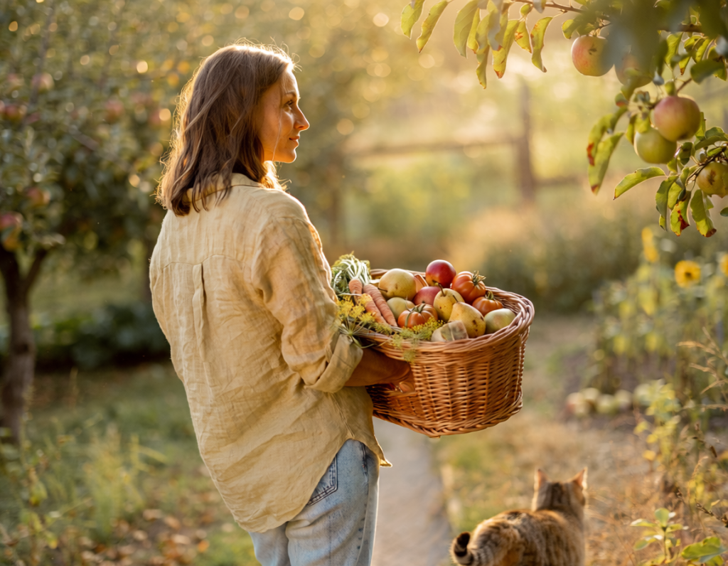 Femme dans un verger portant un panier rempli de fruits et de légumes accompagnée d'un chat