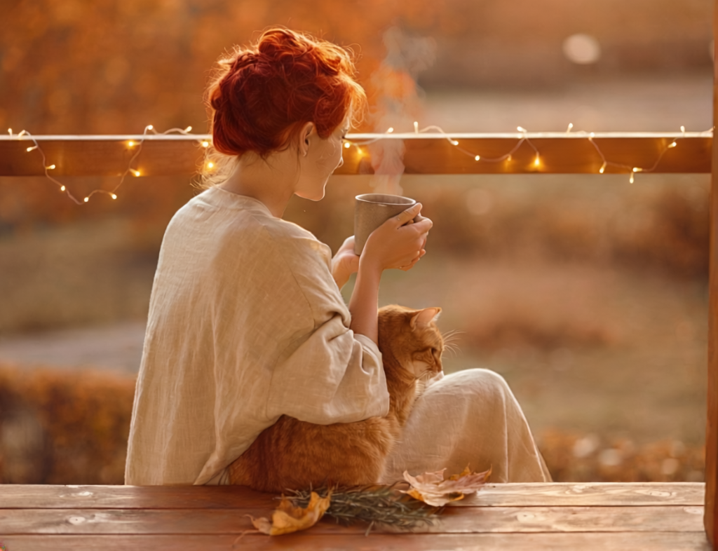 Femme rousse avec les cheveux tressés vue de dos assise sur les marches en bois avec un chat roux posé sur elle.