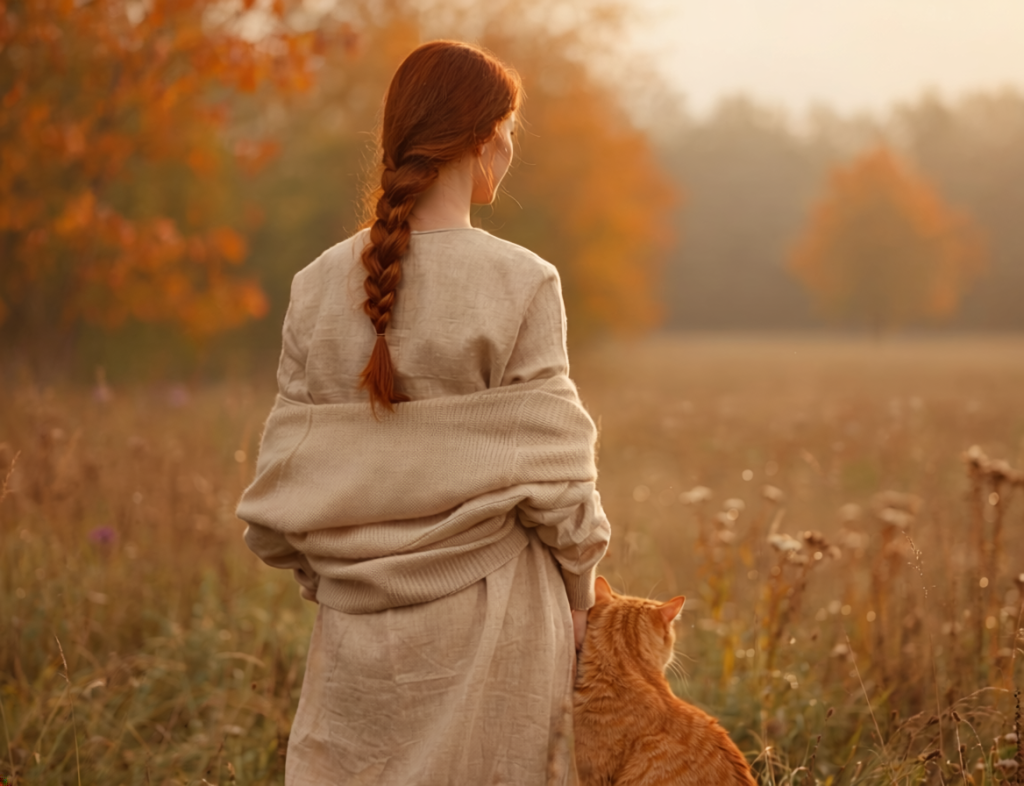 Femme rousse avec les cheveux tressés vue de dos debout dans un champs avec un chat roux à côté d'elle.