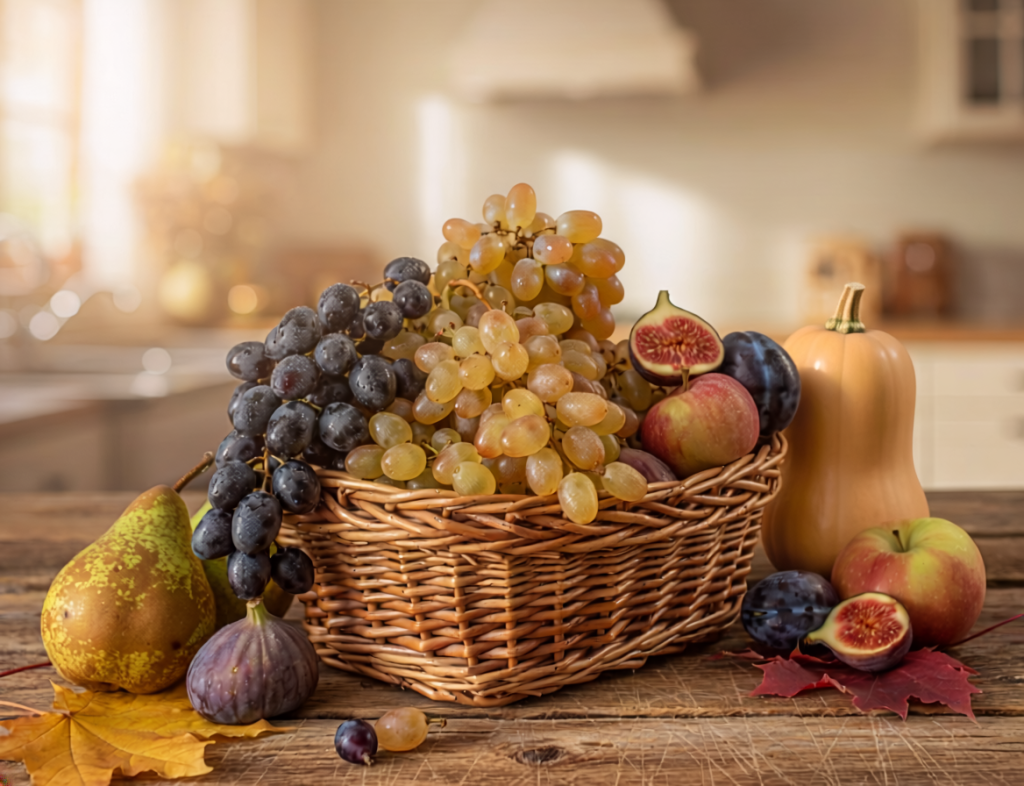 Panier contenant des fruits et légumes de septembre, pommes, poires, raisins, figues dans une cuisine ensoleillée