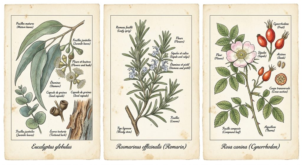 Planches botaniques romarin, eucalyptus et cynorrhodon