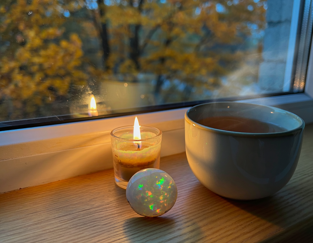sphère d'opale blanche, posée sur un rebord de fenêtre avec une tasse de thé et une bougie
