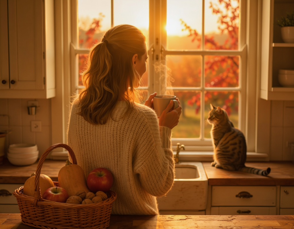 Femme devant sa fenetre avec une tasse de thé à la main et un chat tigré assis à côté d'elle