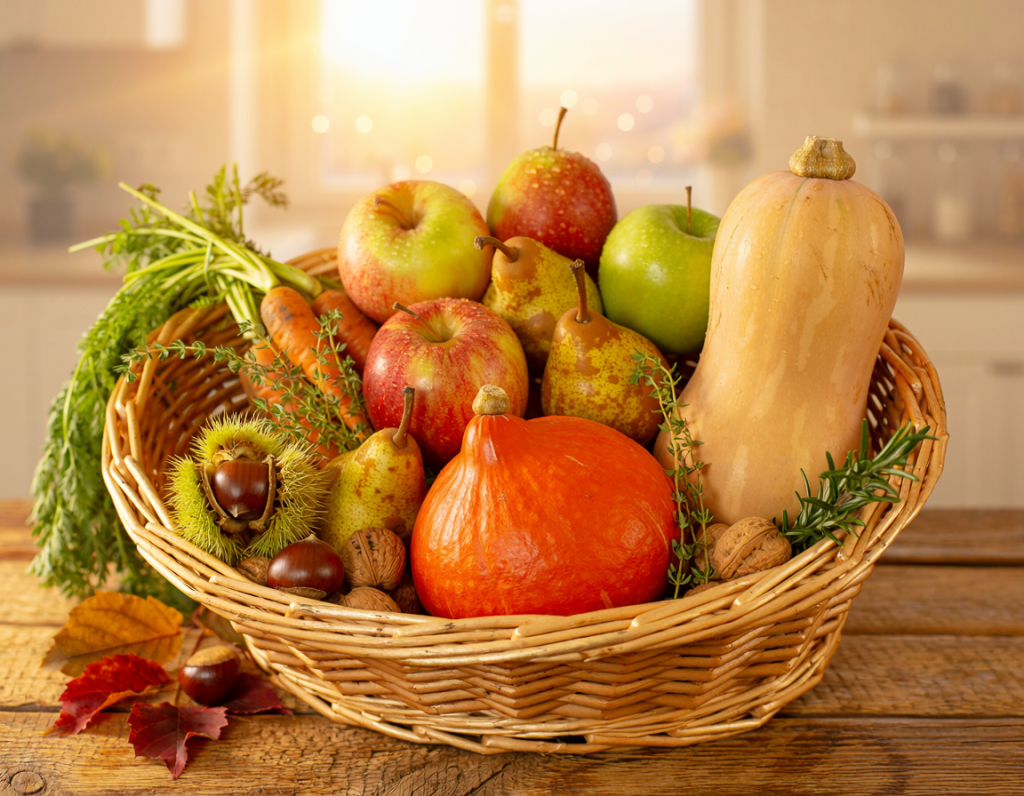 Panier rempli de fruits et de légumes du mois d'octobre